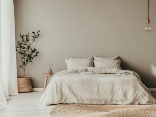 Enhancing Relaxation A Serene Bedroom with Light Gray Walls Cozy Bedding and Natural Elements for Tranquil Living Spaces