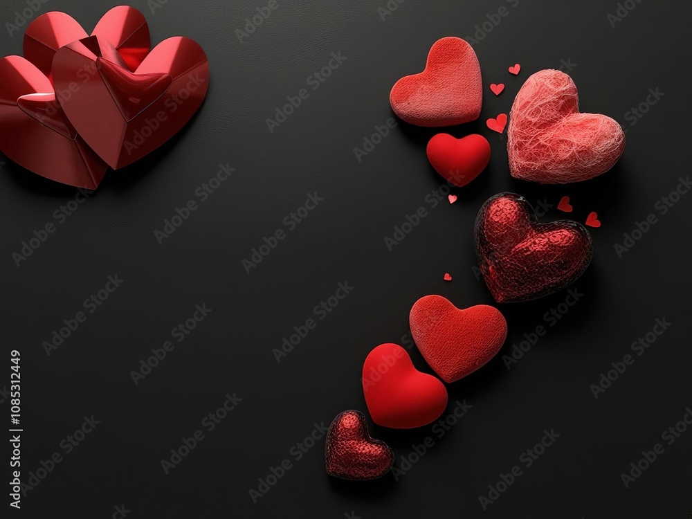 Poster a collection of red hearts in various sizes and textures arranged on a dark background, creating a r