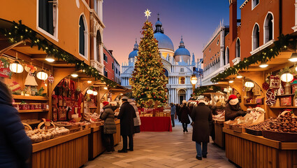 Naklejka premium Festive Christmas market in Venice, Italy, with a large decorated tree and church in the background. Shoppers browse stalls selling food and gifts.