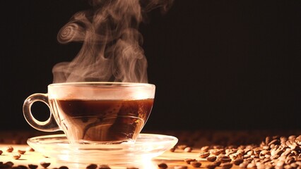 Closeup of a cup of hot coffee with coffee beans, steam rising, set on a saucer, featuring a brown...