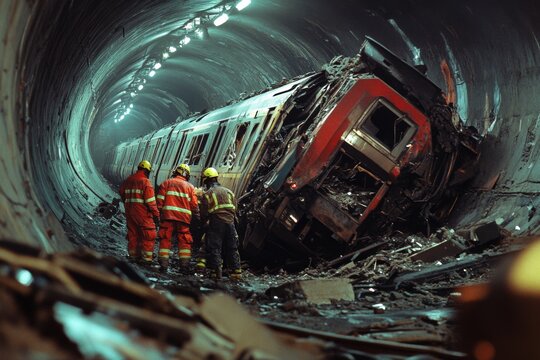 A train derailment scene in a tunnel with emergency personnel assessing the wreckage, highlighting the dire aftermath of the crash.