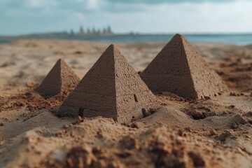 Sandy pyramids stand proudly on a beach, capturing the playfulness of childhood and the spirit of adventure against a backdrop of sea and sky.