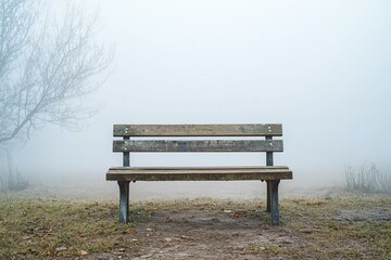 Fototapeta premium A Quiet Wooden Bench Amidst the Misty Fog