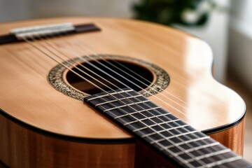 Obraz premium Close-up of a classical guitar body and strings, capturing the smooth wood texture and aesthetic curves of the instrument.