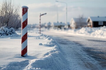 A serene winter road with snow-blanketed surroundings and red-striped poles marking the path, exuding a sense of stillness and calm.