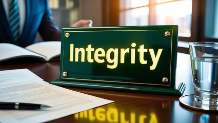 Close-up of a desk with a sign reading "Integrity," suggesting honesty and ethics in business.