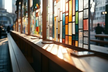 Sunlight streams through colorful stained glass, casting a kaleidoscope of colors on a wooden bench in an urban setting.