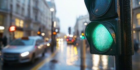 A close-up of a UK traffic light showing green, indicating 'go if the way is clear.'