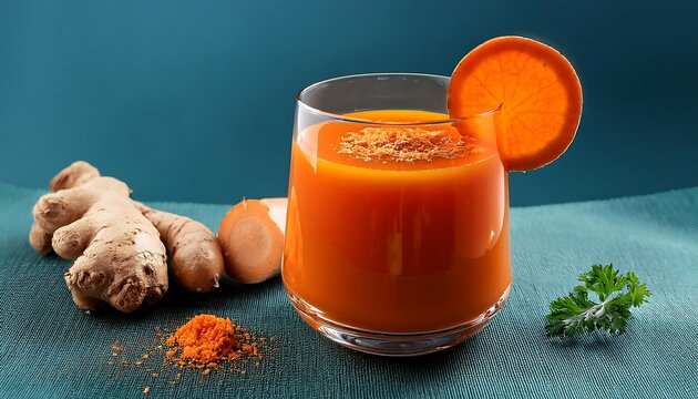 Freshly squeezed zesty carrot juice is served in a clear glass garnished with an orange sli_1(311)