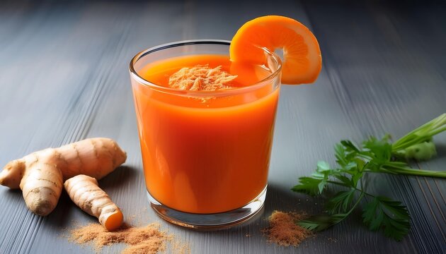  Freshly squeezed zesty carrot juice is served in a clear glass garnished with an orange sli_1(312)
