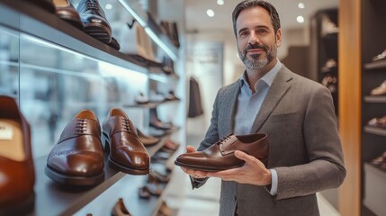 Man Choosing Brown Leather Shoes In a Shoe Store