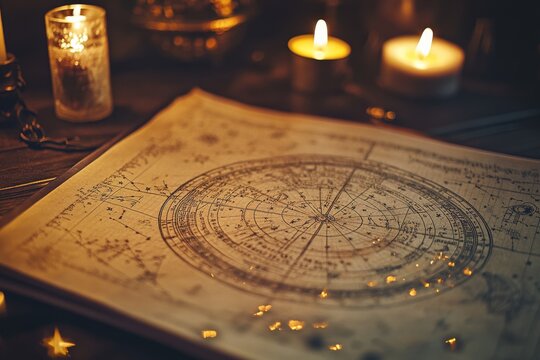 An ancient, detailed astrological chart spreads beneath candlelight, inviting contemplative study and mystical insights into the cosmos.