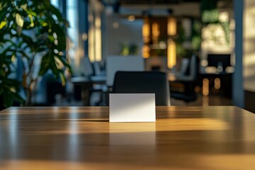 Obraz premium A minimalist home office setup with a focus on a blank white card, illuminated by gentle sunlight filtering through large windows in the background.