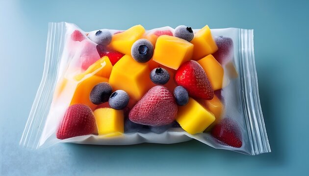  Frozen bag contains a mix of strawberries, blueberries, and mango chunks in a medley of swe_1(324)