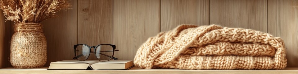 Fototapeta premium Lightweight shawl adds a cozy touch to any space, beautifully styled with an open book and stylish glasses on a wooden shelf, creating a warm and inviting atmosphere.