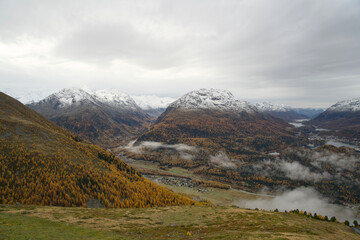 View from Muottas Muragl over the valley near Pontresina and St. Moritz in autumn
