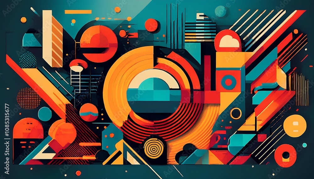 Aufkleber  Geometric shapes and icons in flat vector form create a colorful futuristic design with bru_1(335)