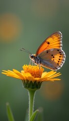 Obraz premium Close-up of a butterfly resting on a flower with delicate wings spread wide.