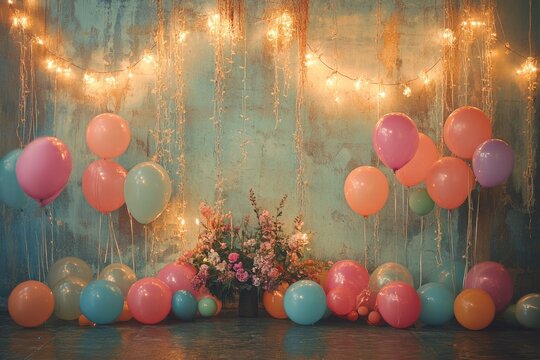 Colorful balloons and fairy lights decorating a festive room