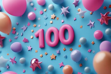 One hundredth anniversary celebration surrounded by balloons and stars on blue background
