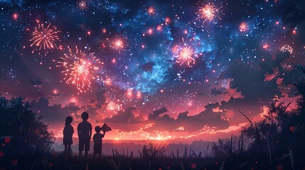 Family watching fireworks under the night sky, waving American flags