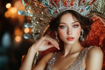 Obraz premium Queen wearing luxurious crown and elegant dress posing on golden throne