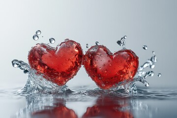 Two red hearts splashing in water, symbolizing love and passion