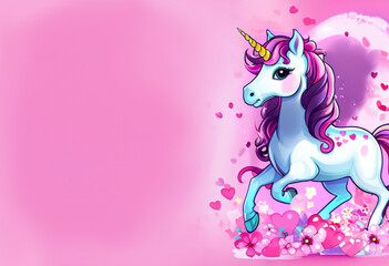 Fototapeta premium Beautiful unicorn with rainbow mane jumping on a flower field on a pink background with hearts and flowers, space for an inscription