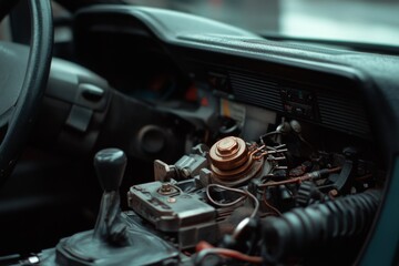 Exposed car dashboard components, with metal wires and circuits visible, highlight the intricacies of automotive technology.