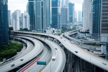 Fototapeta premium A complex network of highways weaves through a metropolis, highlighting the hustle and connectivity of urban infrastructure and modern life.