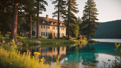 Obraz premium Old house in pine forest by the lake, tranquil outdoor getaway