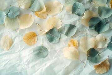 Softly colored leaves scattered on crumpled white paper create an atmosphere of serene simplicity, reflecting nature’s gentle color palette.