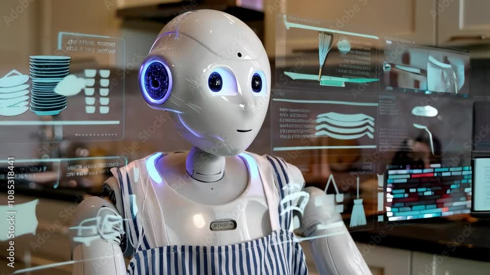 Poster a humanoid robot in a kitchen, displaying digital information and assisting with tasks.