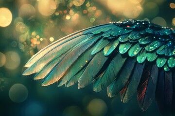 Fototapeta premium A close-up of vibrant, layered feathers shimmer with iridescent hues, capturing the essence of natural elegance and ethereal beauty against a bokeh backdrop.