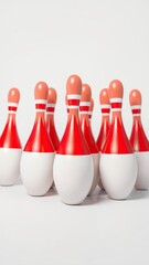 Group of bowling pins with red stripes on white background, sports, strike