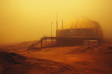 A dome-shaped structure looms in a hazy, dust-filled landscape, reminiscent of an otherworldly atmosphere or a scene from a distant planet.