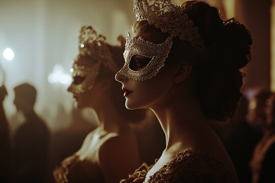 Elegantly dressed figures wear intricate masks at a dimly lit masquerade ball, exuding an aura of mystery and allure.