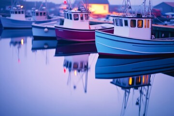 Boats rest serenely at dusk in a misty harbor, their reflections shimmering against the twilight sky's deep blue hue, creating a dreamlike atmosphere.