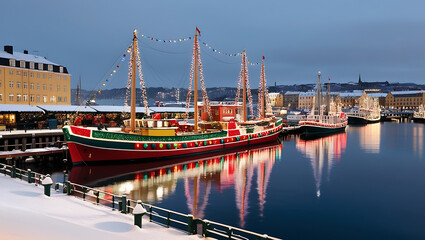 Festive lights illuminate historic ships in a snowy harbor at twilight.