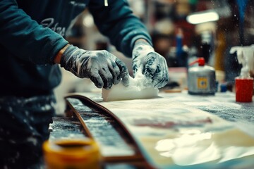 A meticulous craftsman works diligently in a workshop, hands skillfully shaping a snowboarding surface, surrounded by tools and materials.
