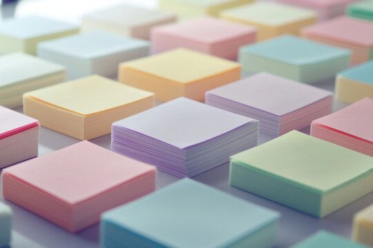 A neatly arranged display of pastel-colored sticky notes creates a calming pattern for organizing thoughts and ideas.