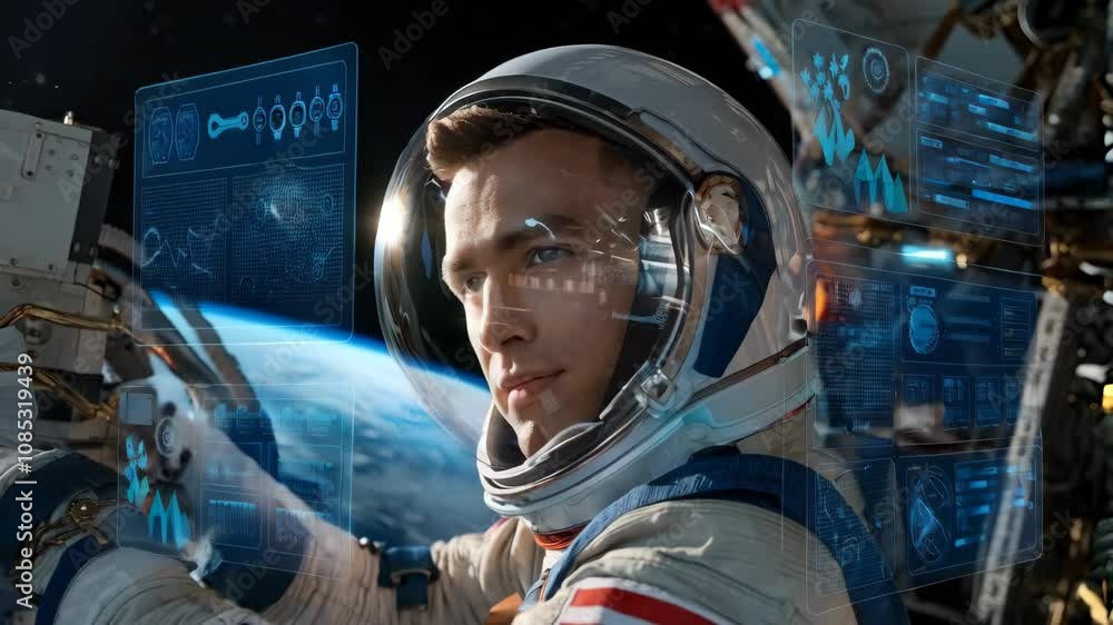 Aufkleber astronaut in space with digital interface and earth in the background.