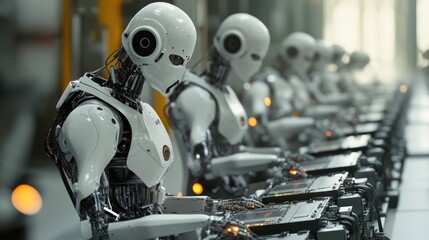Fototapeta premium Row of White Robots Working in a Factory Setting