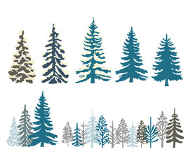 Set of stylized pine silhouettes. Coniferous and deciduous plants. Wild forest
