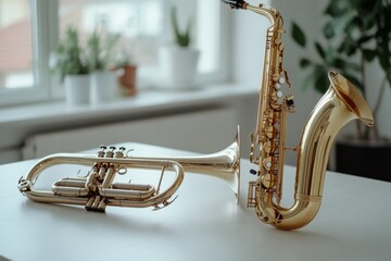 A trumpet and saxophone rest on a bright surface in a sunlit room, reflecting the harmony and...