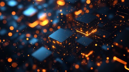Colorful glowing cubes in a dark abstract setting with sparkles, creating a futuristic atmosphere during nighttime