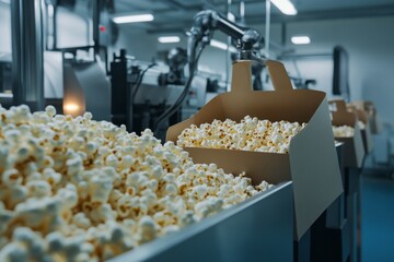 In a manufacturing setting, popcorn is packed into boxes for distribution, highlighting an industrial scale of production and the allure of fresh snacks.