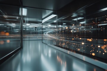 A reflective hallway with streaks of light creates an illusion of endlessness and motion, blending reality with futuristic aesthetics in sleek gray tones.