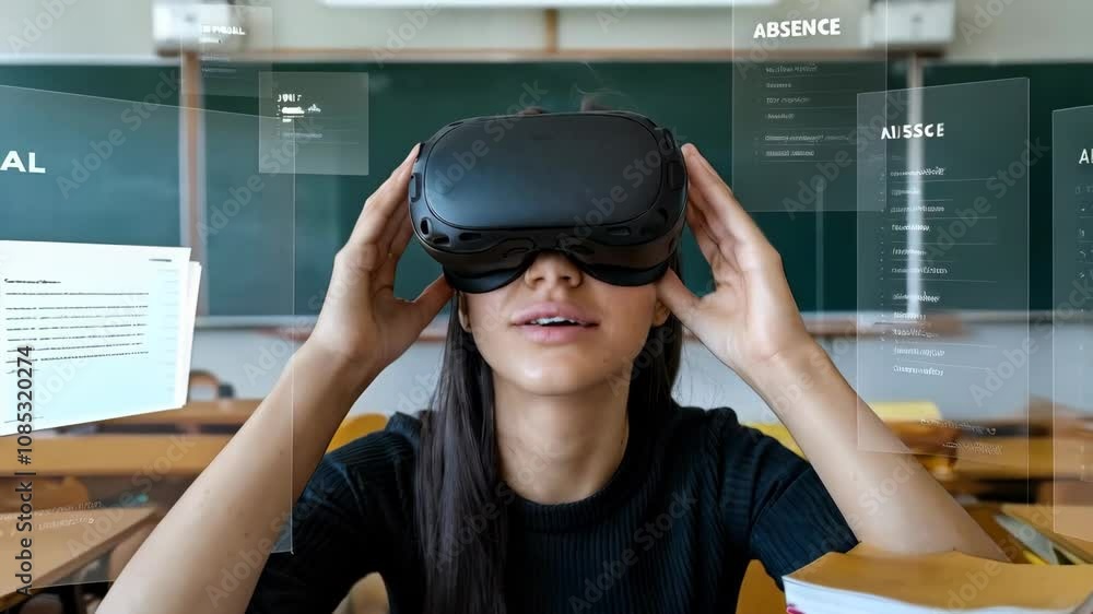 Poster a student using virtual reality in a classroom setting surrounded by books.