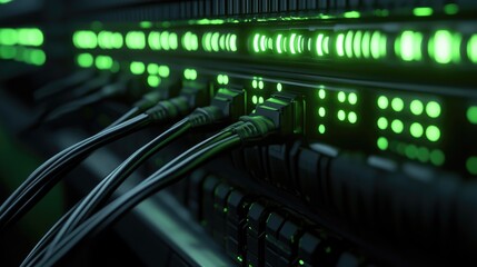 Close-Up of Server Racks with Green Lights